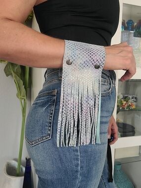 Mermaid Blue Multi Leather Fringe Festival Cuff